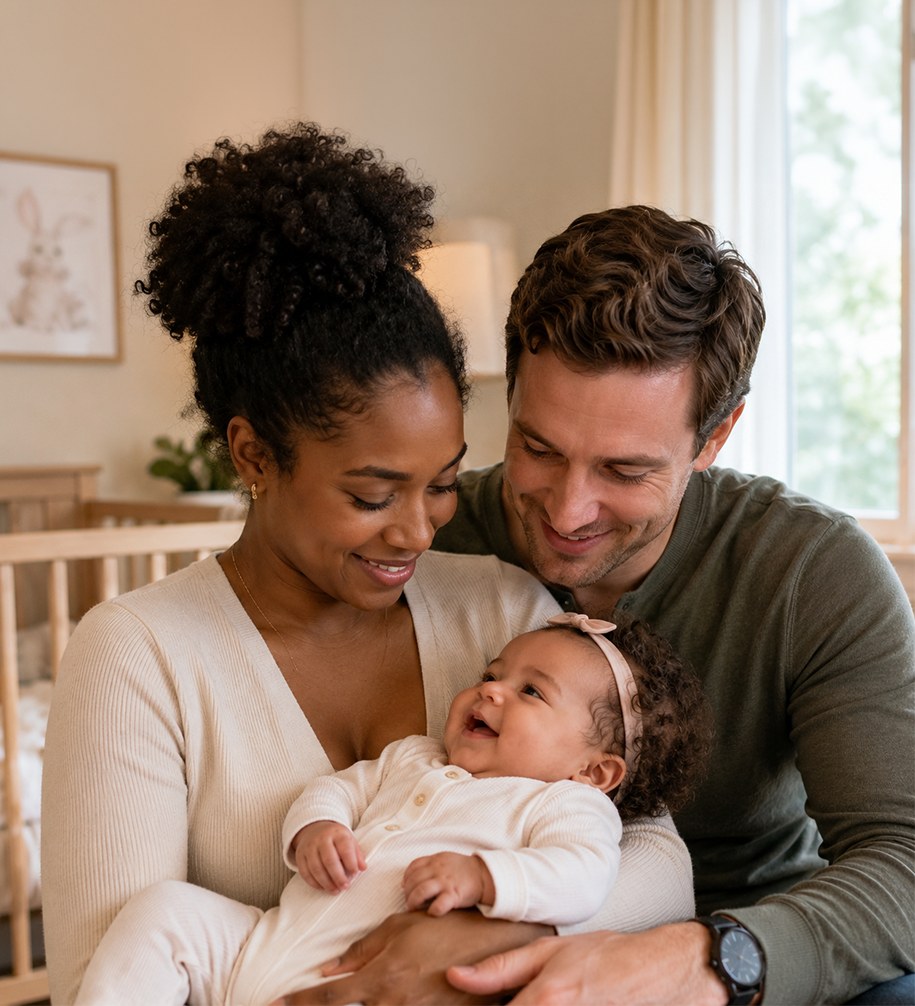 A family with their baby at home